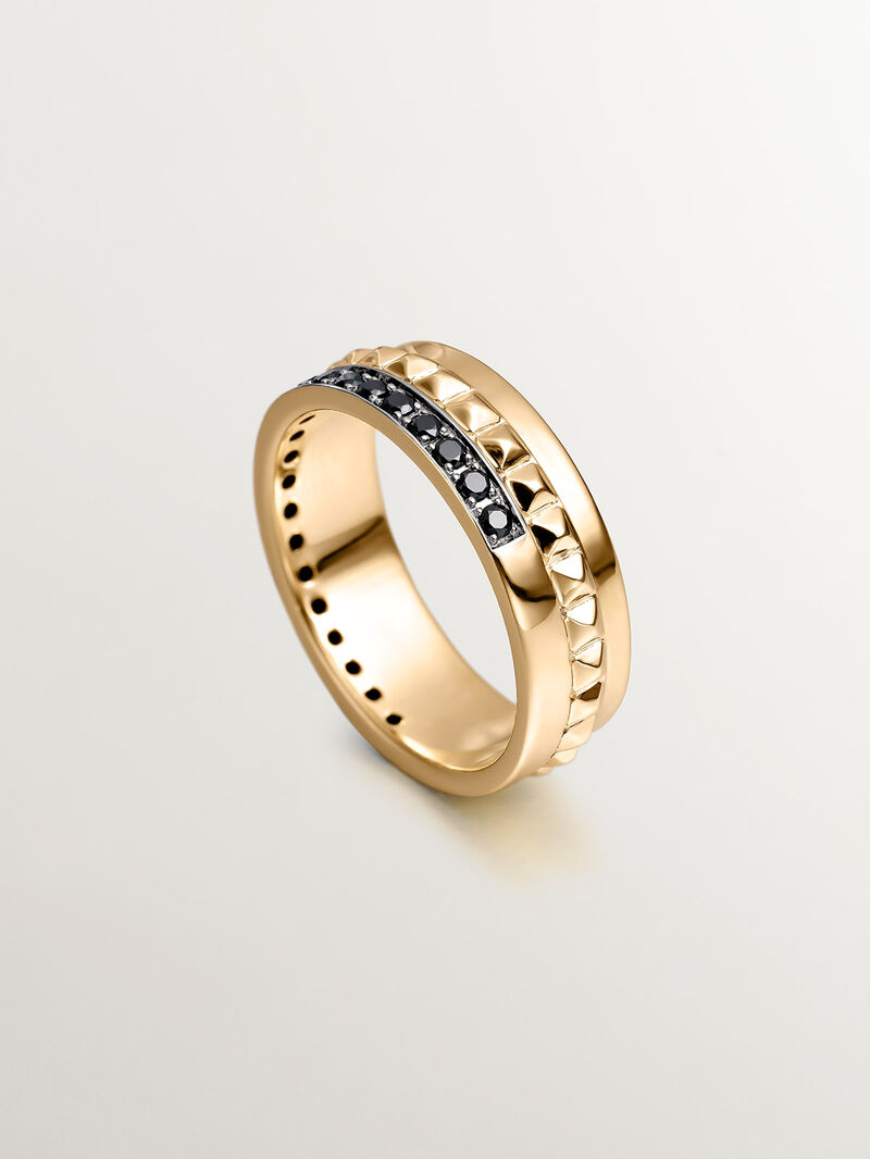 Wide 925 silver ring bathed in 18K yellow gold with texture and black spinels. image number 4
