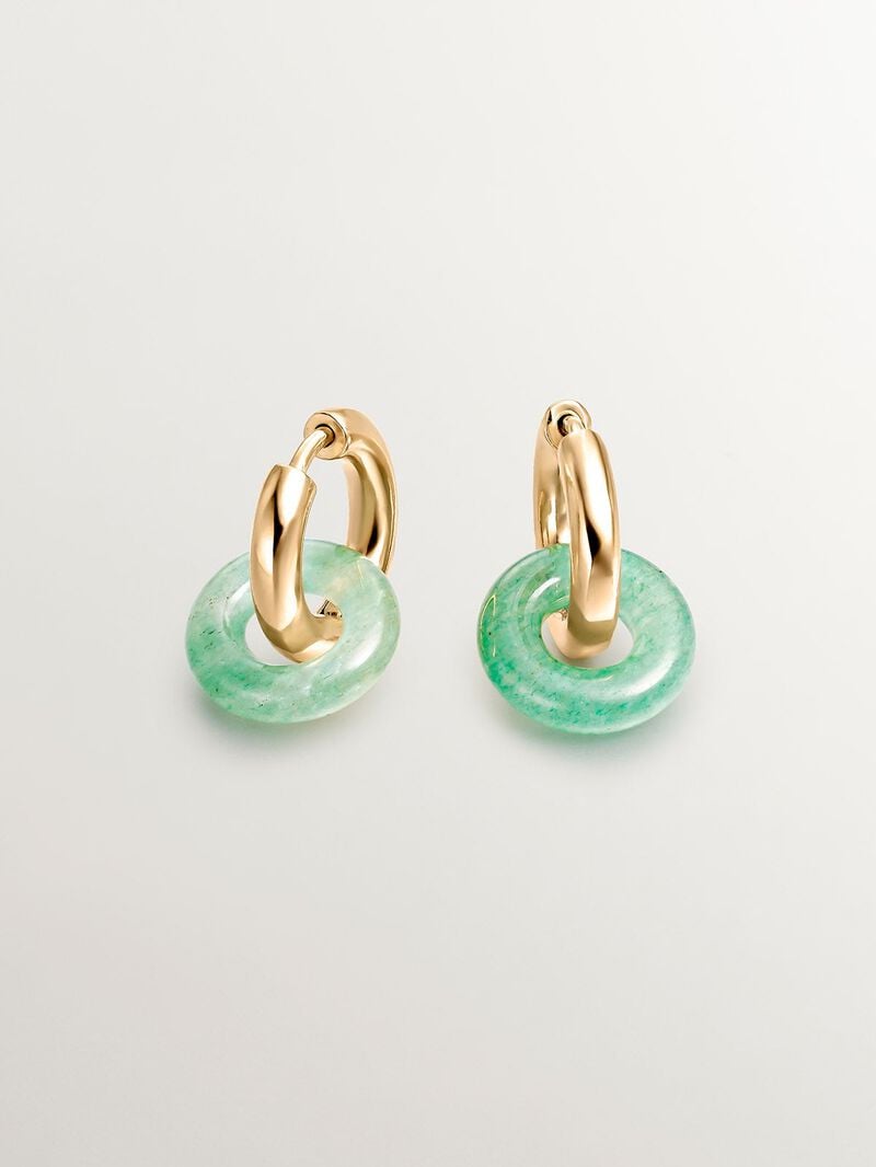 Medium hoop earrings made of 925 silver bathed in 18K yellow gold with green aventurine image number 0