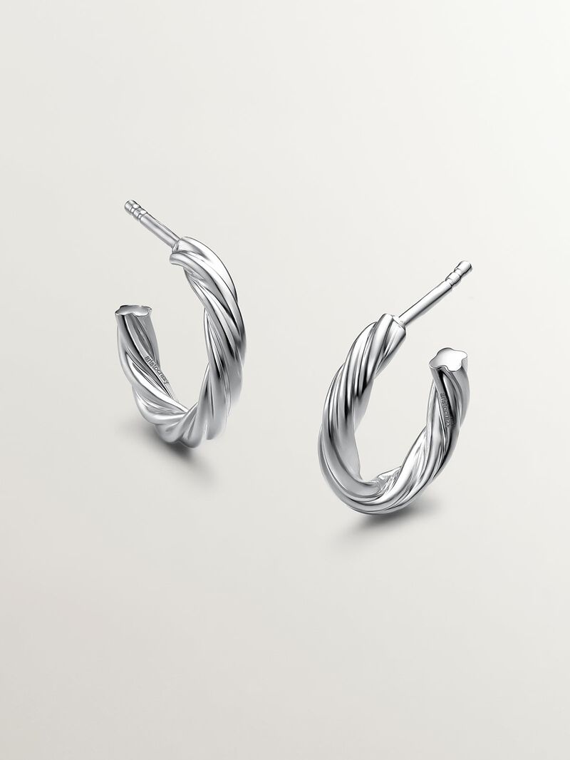 925 Silver hoop earrings with gallooned finish. image number 0