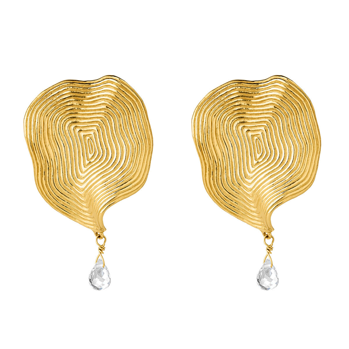 Large-size, embossed earrings in 18kt yellow gold-plated silver with white topaz, J05215-02-WT, hi-res