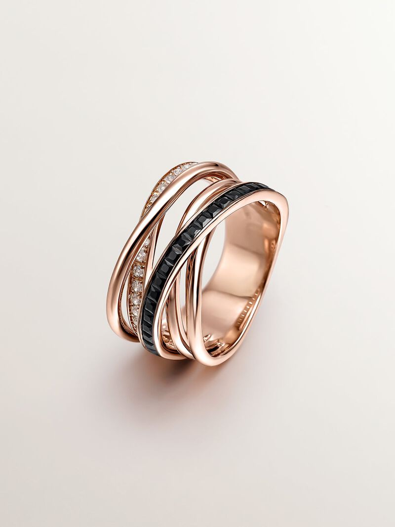 Multi-arm 925 silver ring bathed in 18K rose gold with white topaz and black spinel. image number 0