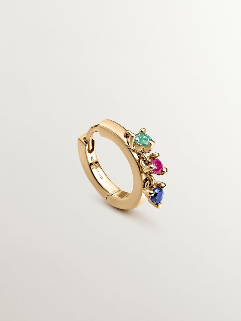 Individual hoop earring with emerald, ruby, and sapphire. image number 0