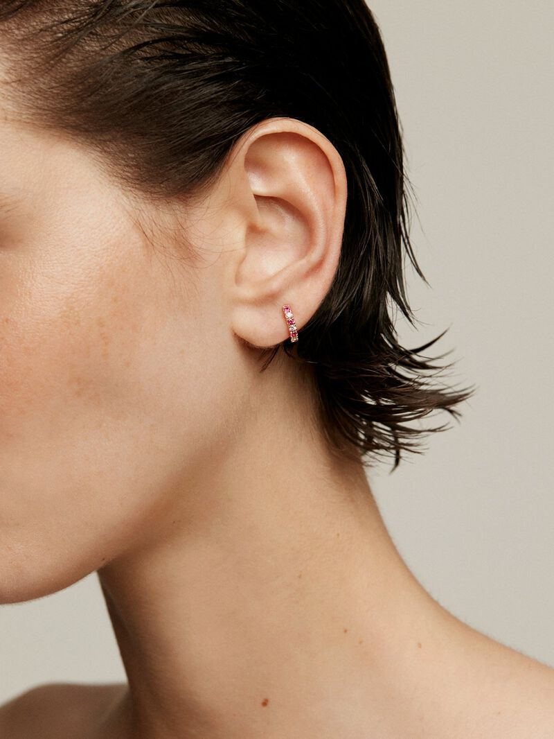 Single 9K rose gold hoop earring with rubies and diamonds. image number 1