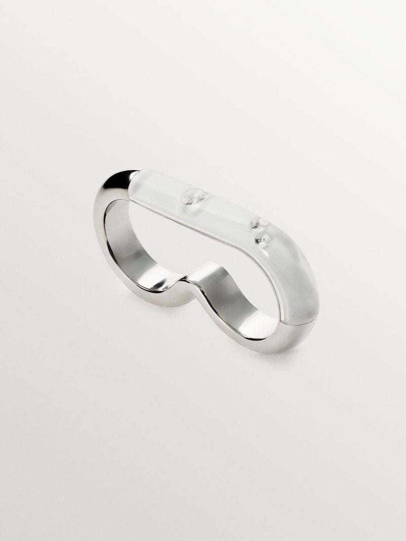 Double 925 silver ring with white enamel and zircons suspended in resin image number 0