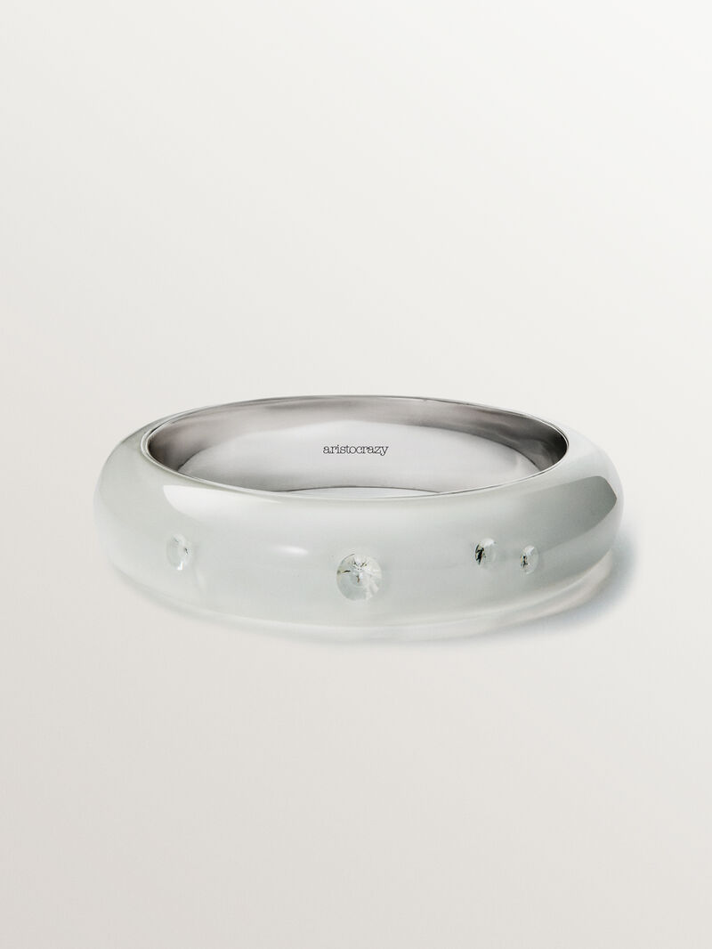 Rigid 925 silver bracelet with white enamel and zircons suspended in resin image number 0