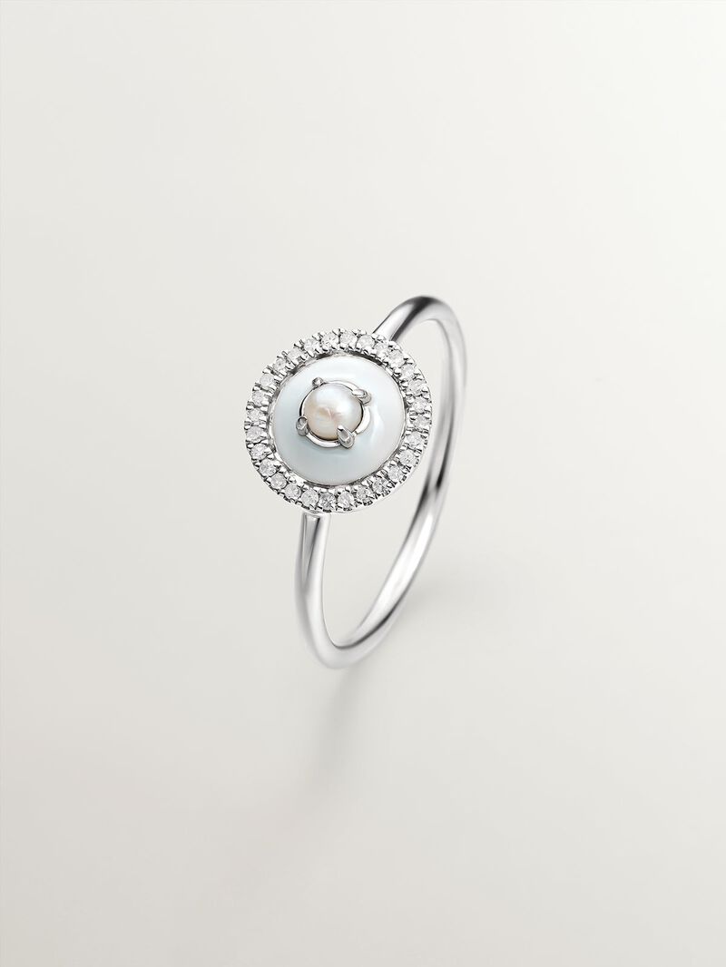 925 silver ring and 18K white gold with white pearl, white diamonds and gray enamel image number 0