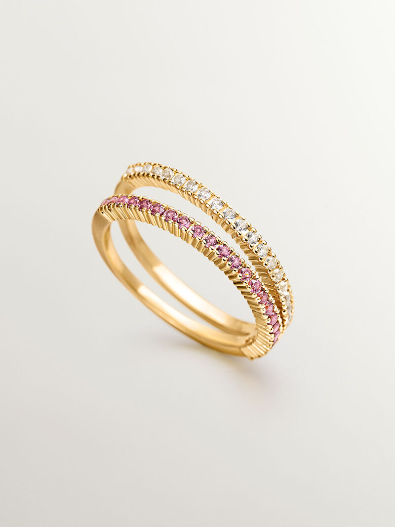 925 Silver double ring bathed in 18K yellow gold with white topazes and purple rhodolites. image number 4