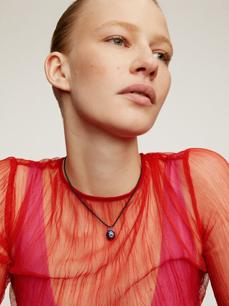 Gold-plated silver necklace with blue enamel and sun and stars motif. image number 3