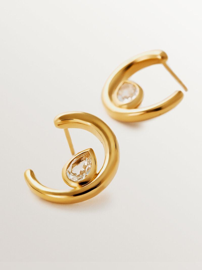 18K yellow gold plated 925 silver hoop earrings with 2 white topazes image number 2
