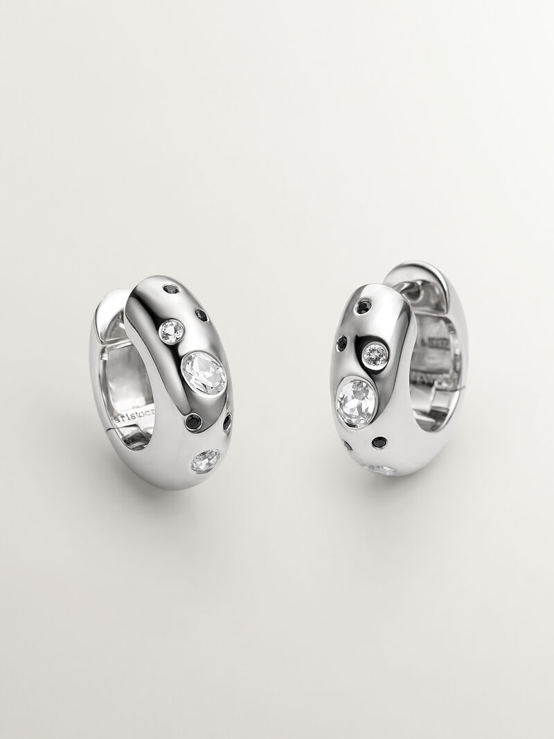925 sterling silver chunky hoop earrings with white topaz and black spinels image number 2