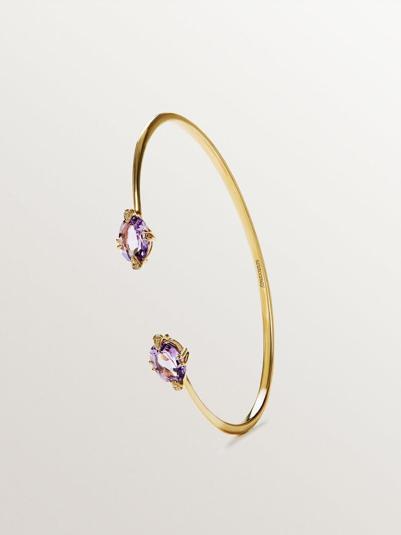 9K yellow gold open bracelet with pink amethysts and diamonds image number 2