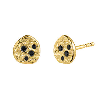 Boucles d’oreilles bouton en argent plaqué en or 18 carats en relief et spinelles noirs, J05077-02-BSN,hi-res