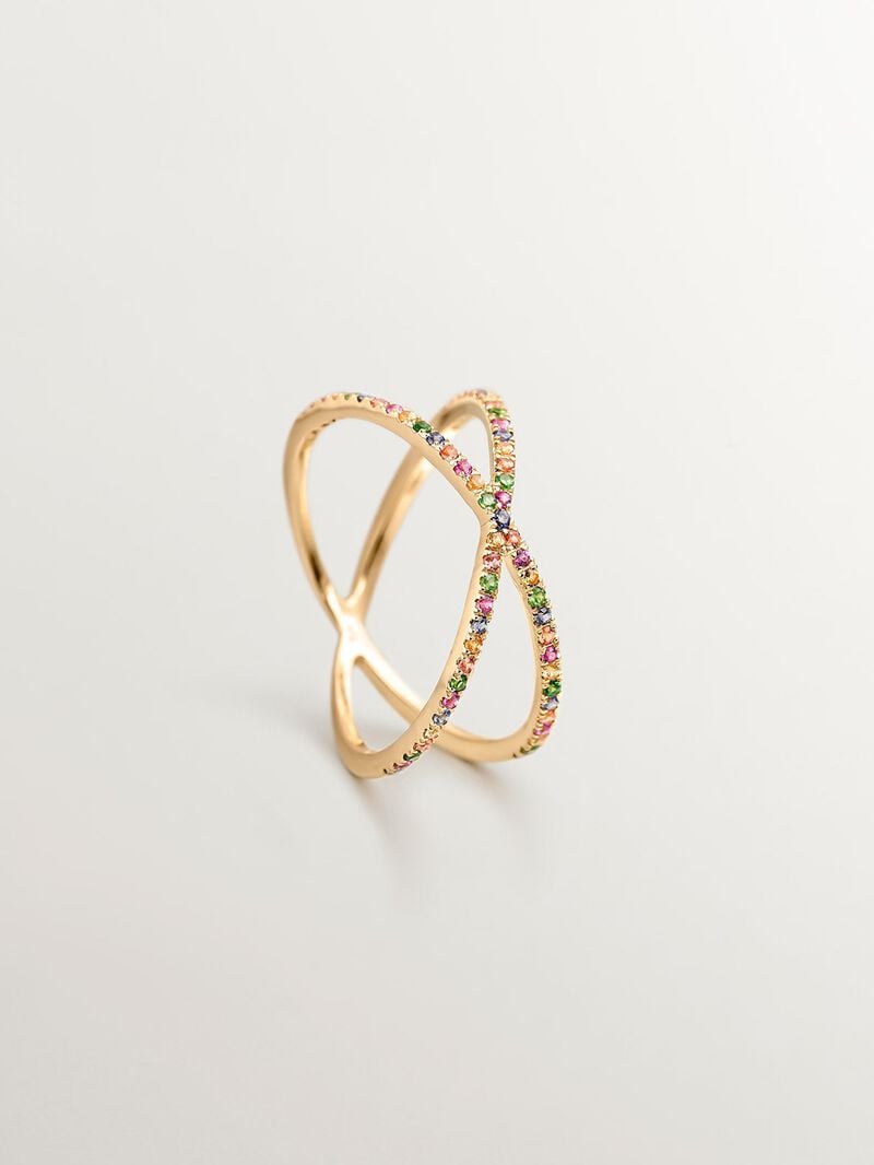 Double crossed 9K yellow gold ring with tsavorites and multicolor sapphires. image number 4
