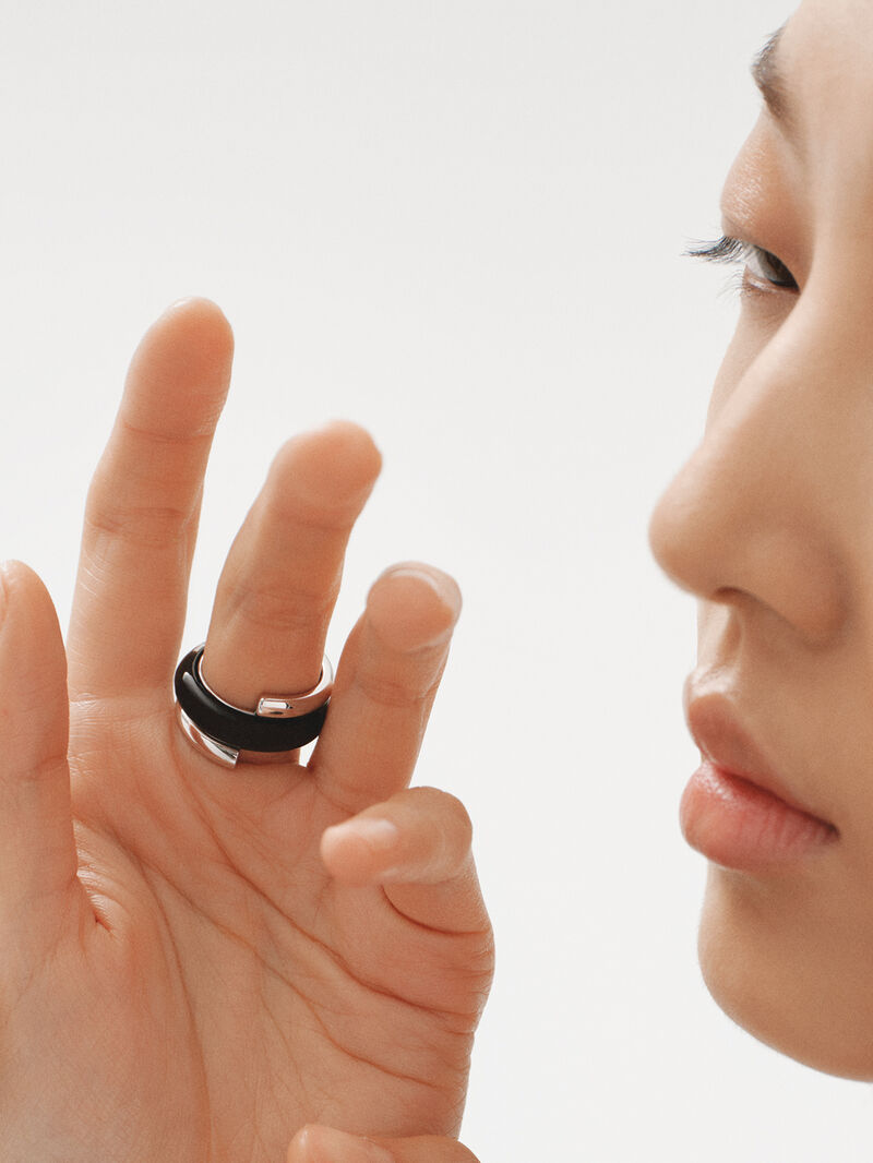 925 silver ring with black enamel and zircons suspended in resin image number 3