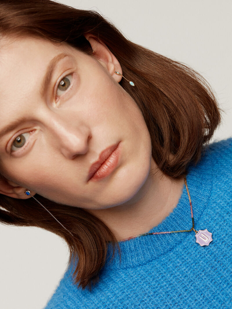 Individual 18K white gold chain earring with blue opal. image number 5