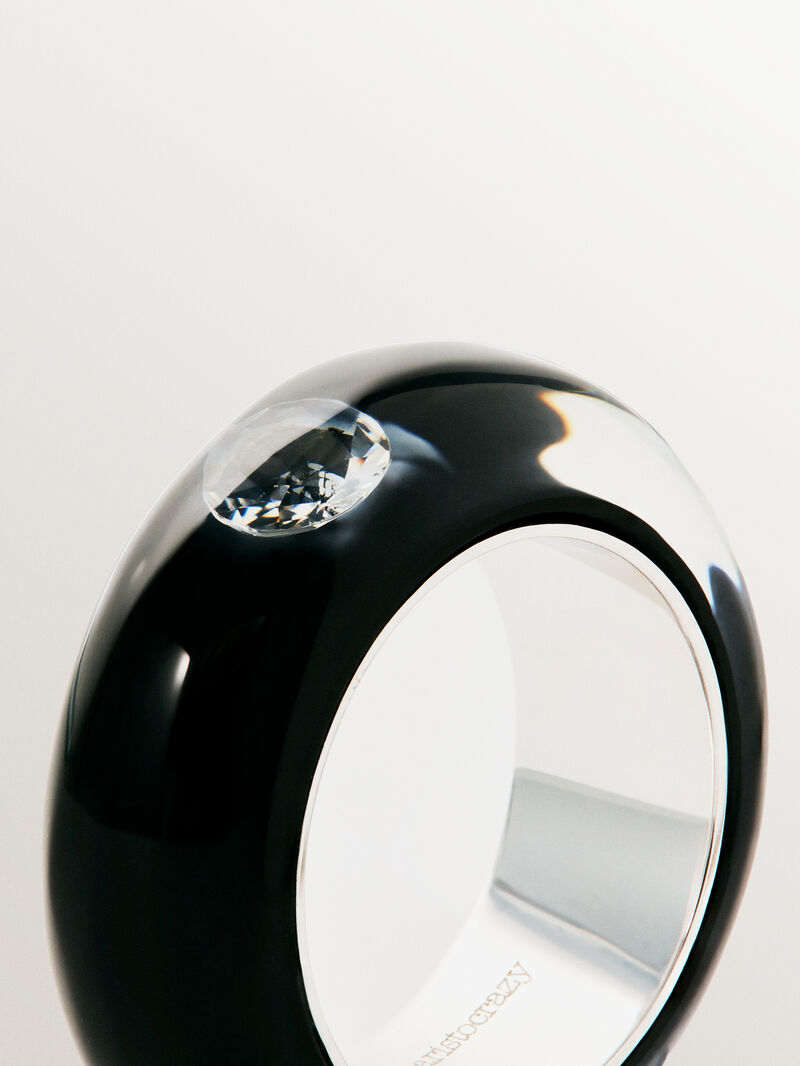 925 silver ring with black enamel and zircon suspended in resin image number 6