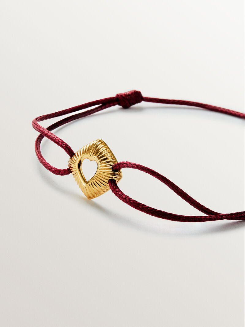 18K yellow gold plated 925 silver bracelet with heart shape in guilloché texture and with red rope image number 2