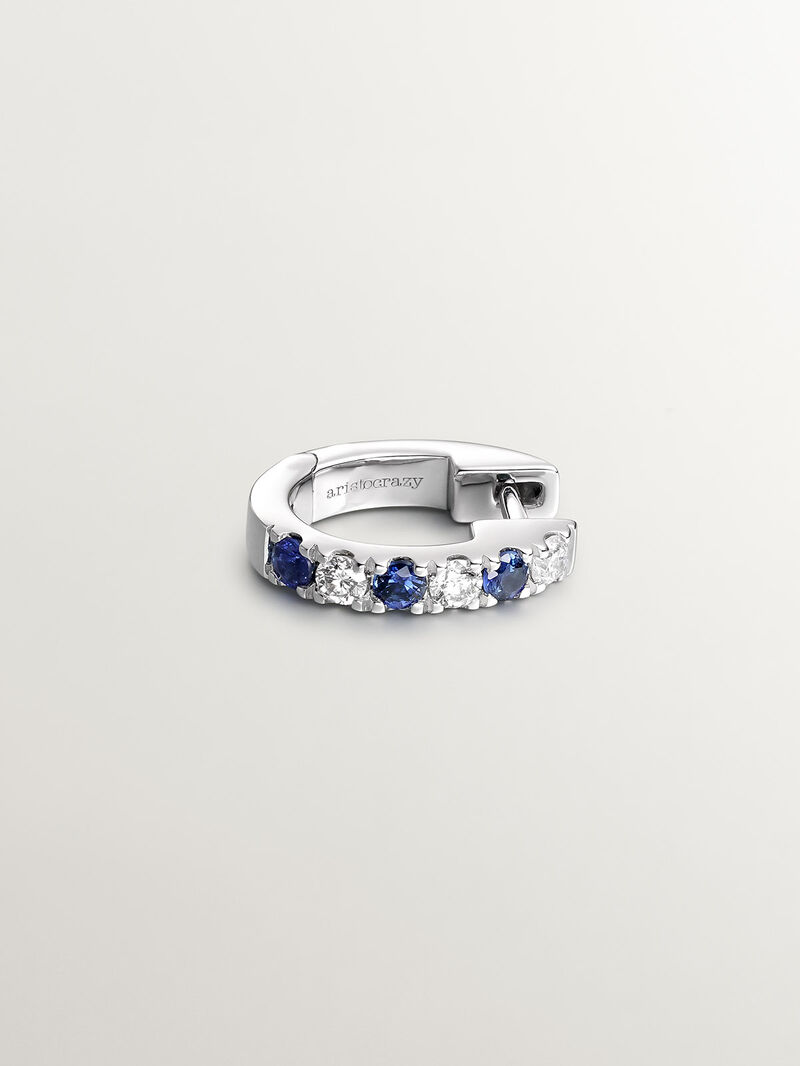 Individual 18K white gold hoop earring with blue sapphires and diamonds. image number 2