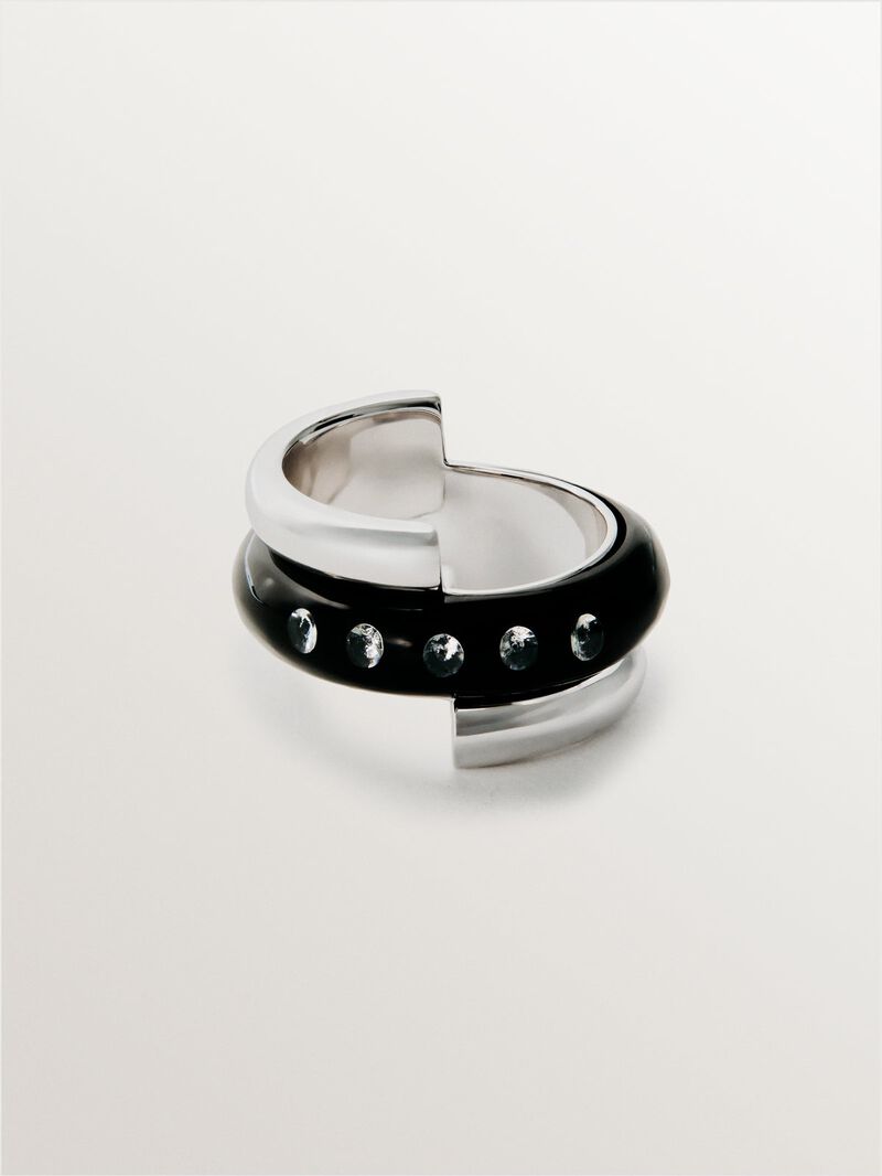 925 silver ring with black enamel and zircons suspended in resin image number 2