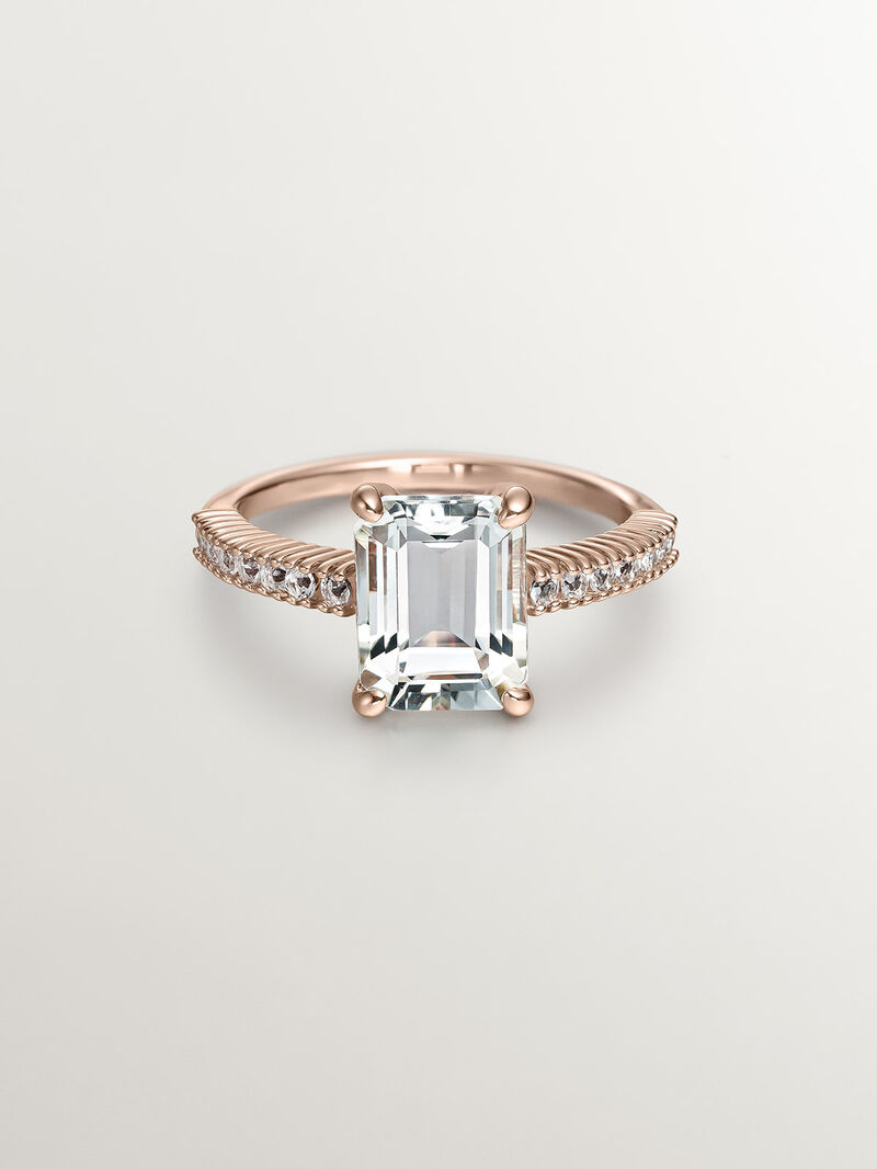 925 Silver ring bathed in 18K rose gold with green quartz and white topaz. image number 2