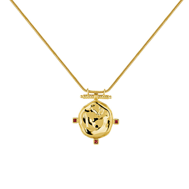 Gold plated medal necklace garnet , J04267-02-GAR, hi-res
