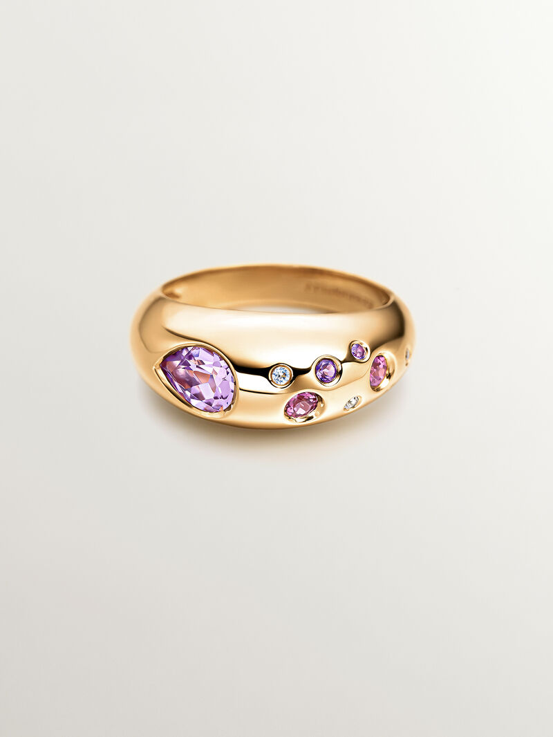 18K yellow gold plated 925 silver ring with pink and purple amethysts, white topaz and pink rhodolites image number 2