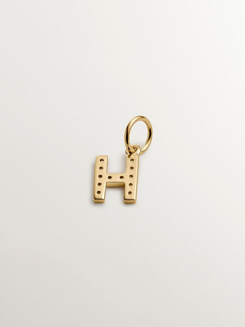 925 Silver charm bathed in 18K yellow gold and white topazes initial H. image number 2