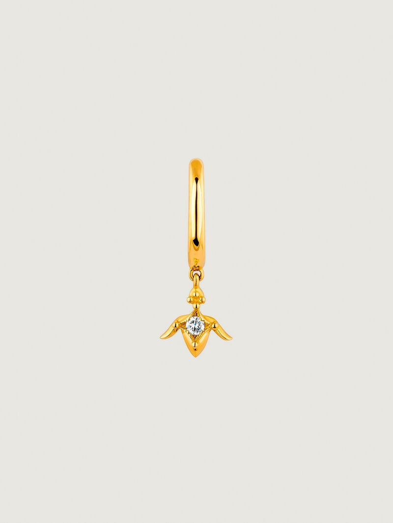 Individual small hoop earring of 9K yellow gold with diamond and lotus flower. image number 0