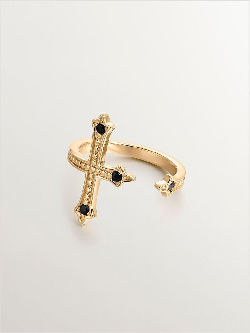 You and Me ring made of 925 silver, bathed in 18K yellow gold, cross-shaped with black spinels. image number 2