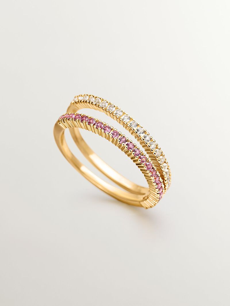 925 Silver double ring bathed in 18K yellow gold with white topazes and purple rhodolites. image number 4