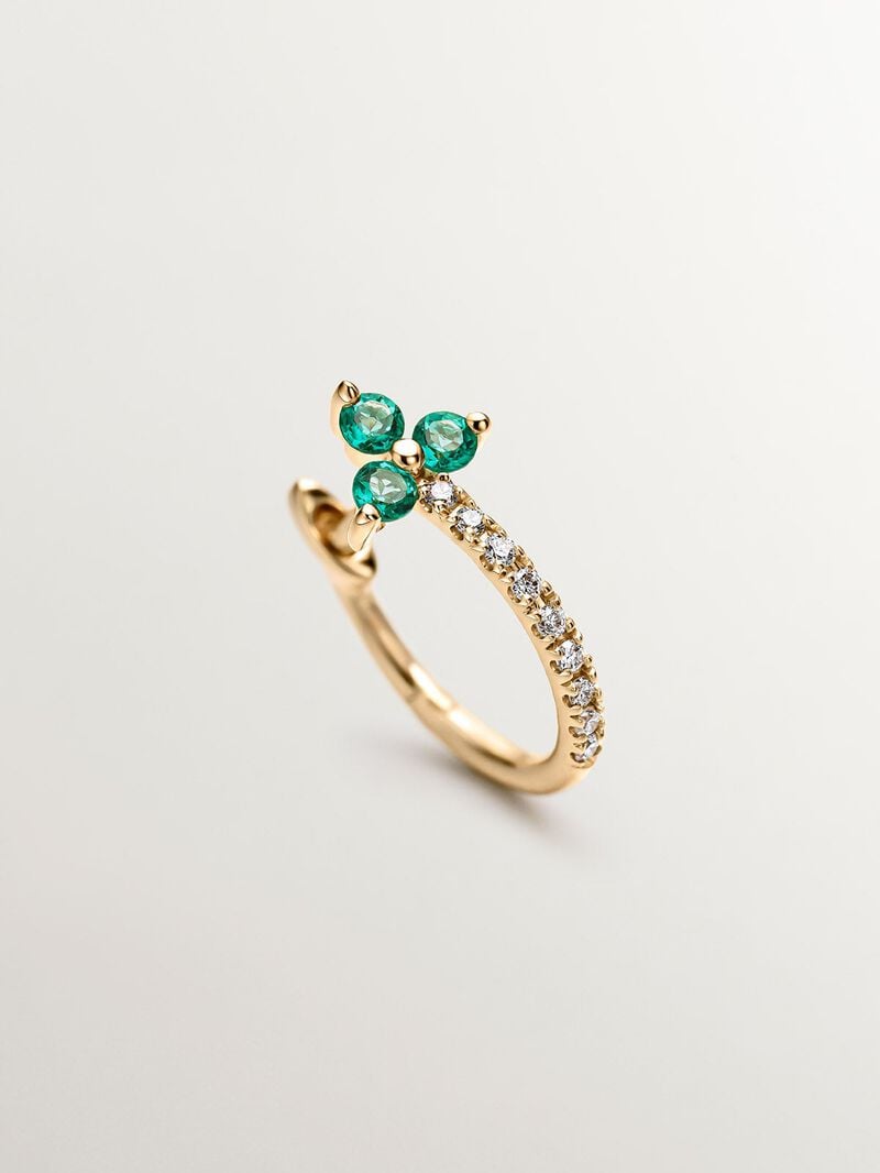 Individual 9K yellow gold earring with diamonds and emeralds. image number 2