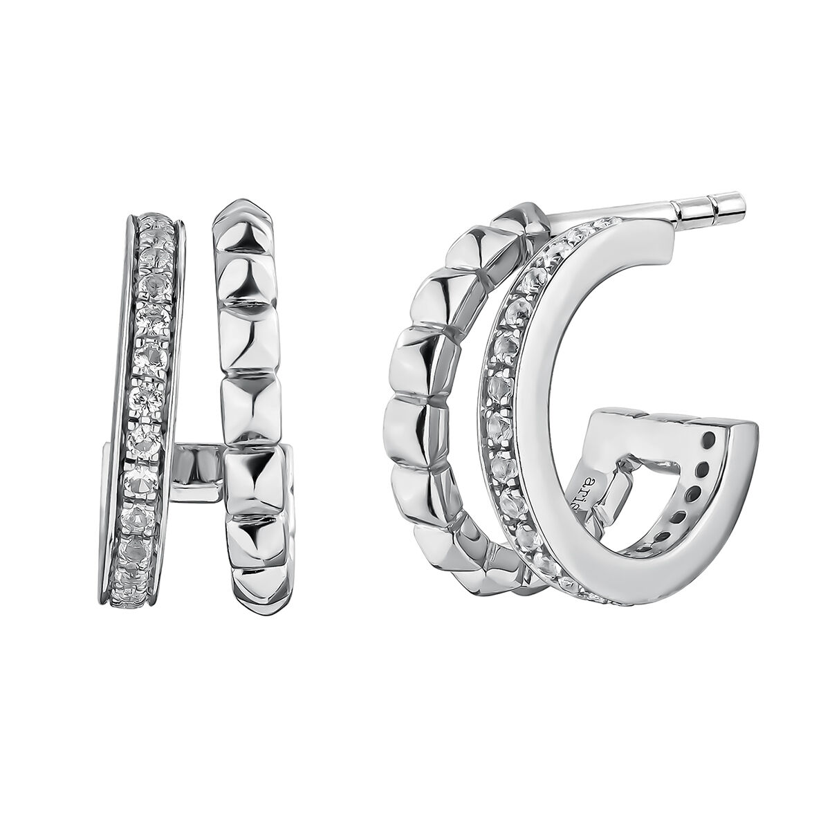 Small silver double hoop earrings with raised detail and white topaz stones, J04910-01-WT, hi-res