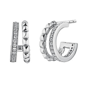 Small silver double hoop earrings with raised detail and white topaz stones, J04910-01-WT,hi-res