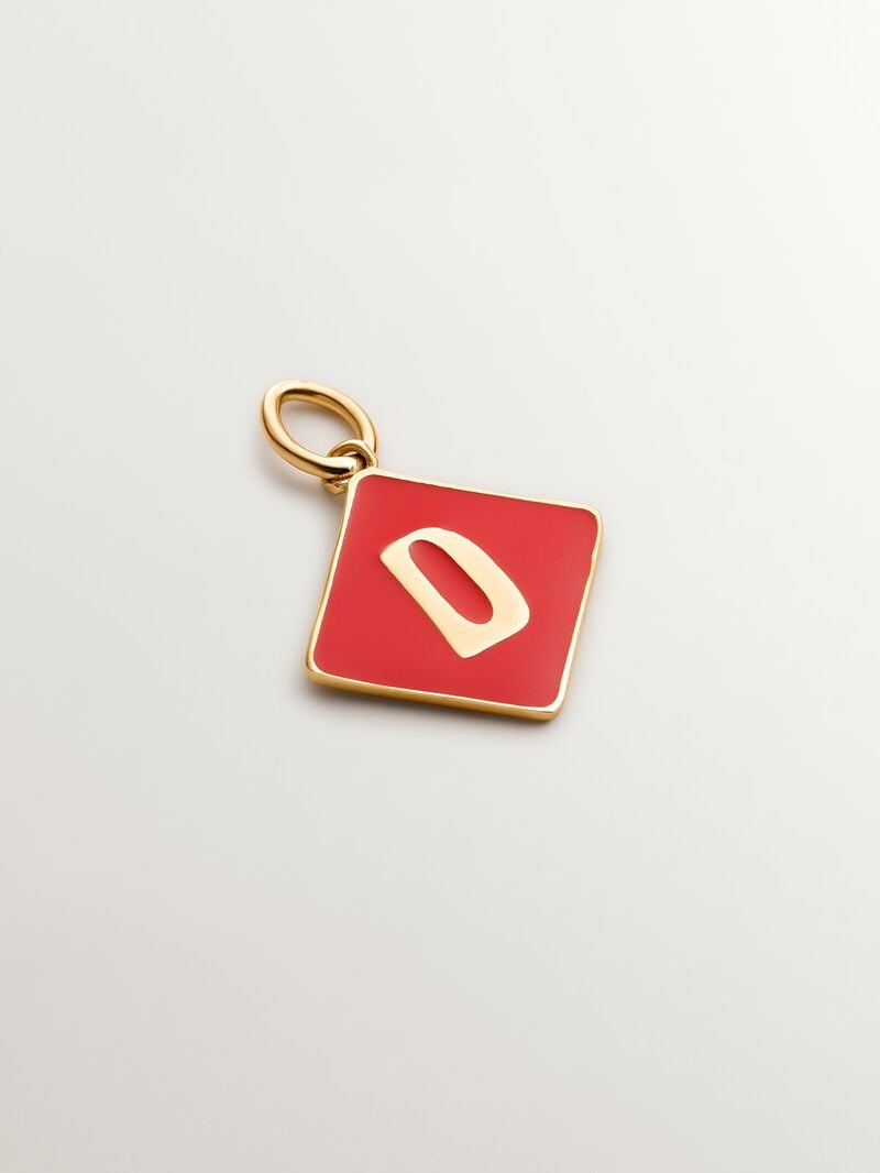 18K yellow gold plated 925 sterling silver charm with initial D and red enamel in diamond shape image number 0