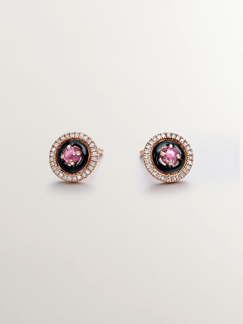 18K rose gold plated 925 silver earrings with diamonds, pink rhodolites and black enamel image number 0