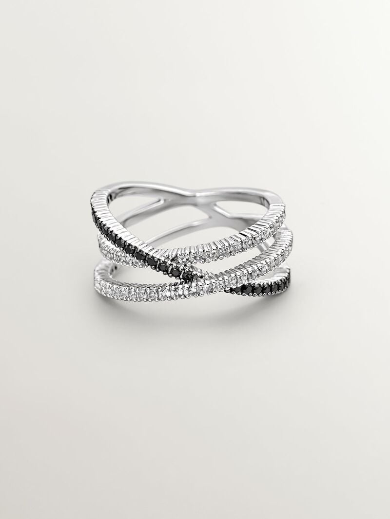 Triple crossed ring made of 925 silver plated in 18K yellow gold with white topazes and black spinels. image number 2