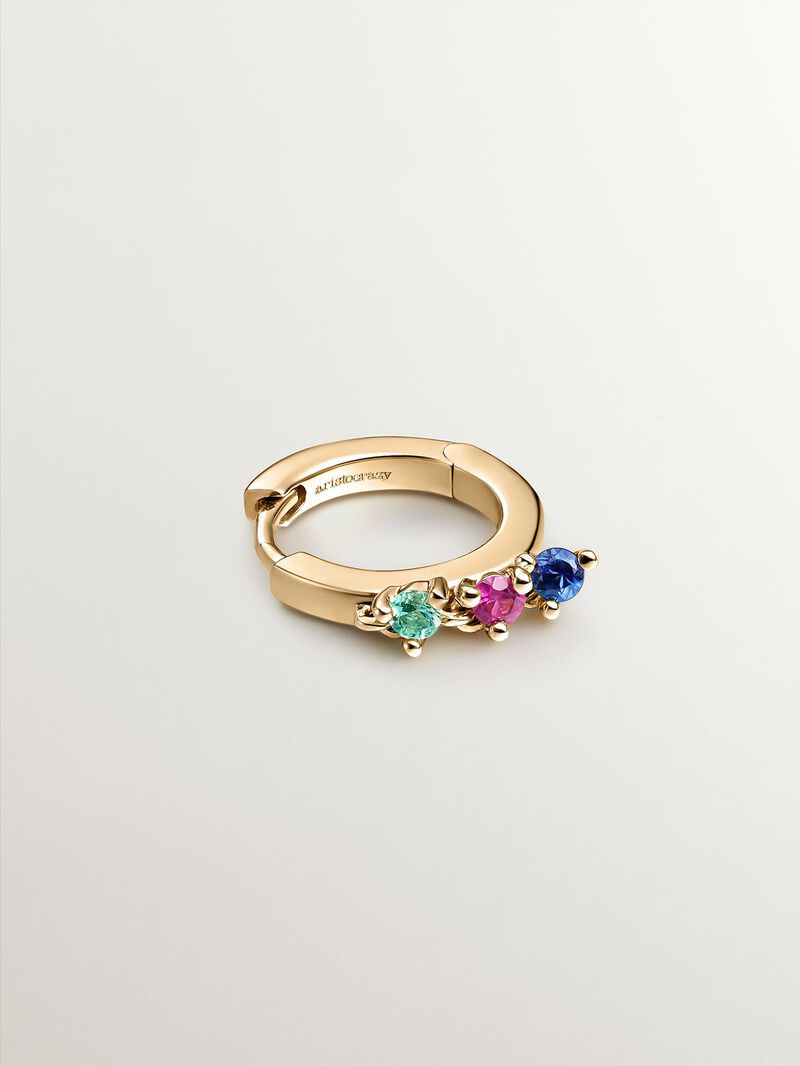 Individual hoop earring with emerald, ruby, and sapphire. image number 2