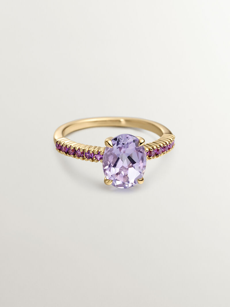 925 Silver ring bathed in 18K yellow gold with purple amethyst and pink rhodolites. image number 2