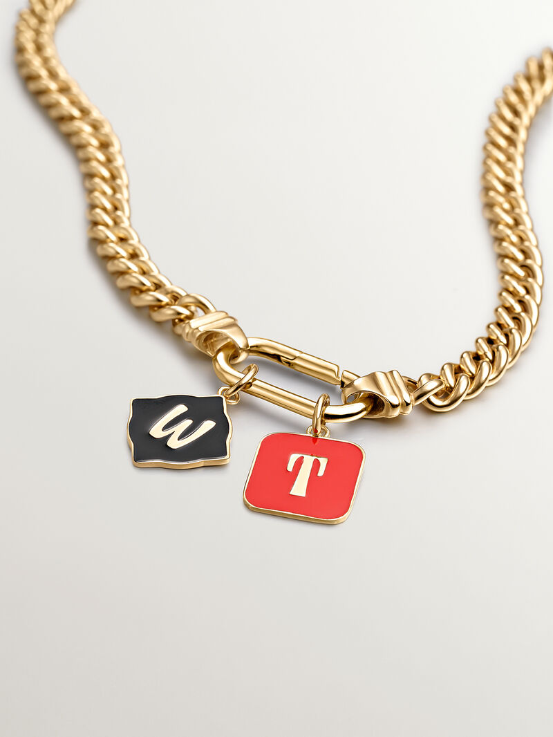 18K yellow gold plated 925 sterling silver charm with T initial and red enamel in square shape image number 2
