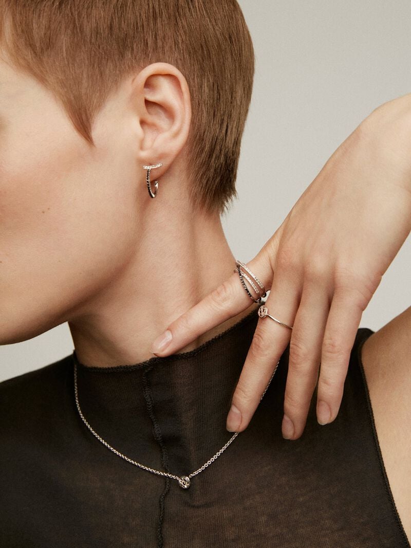 925 Silver hoop earrings with white topazes and black spinels. image number 5