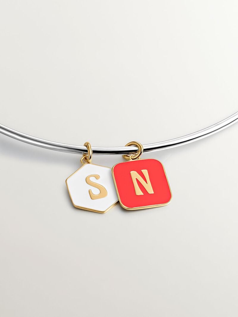 18K yellow gold plated 925 sterling silver charm with N initial and pink enamel in a square shape image number 4