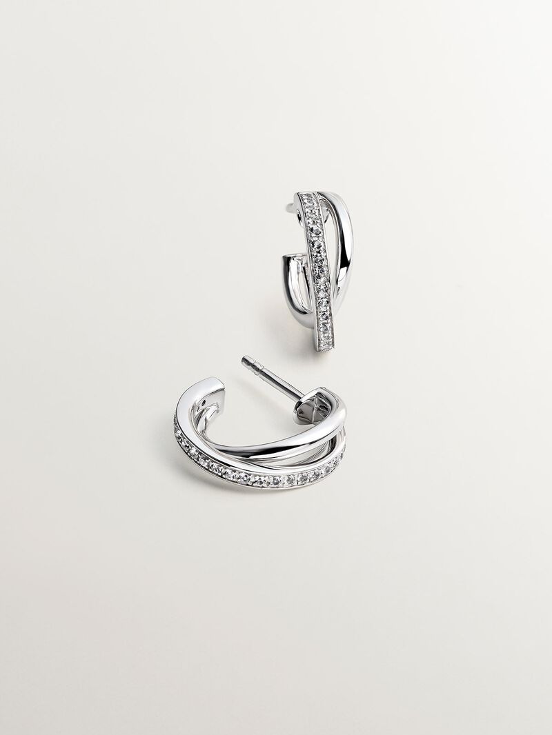 925 Silver double hoop earrings with white topaz. image number 2