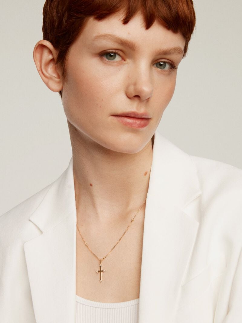 925 Silver pendant dipped in 18K yellow gold featuring a cross and white topazes. image number 3