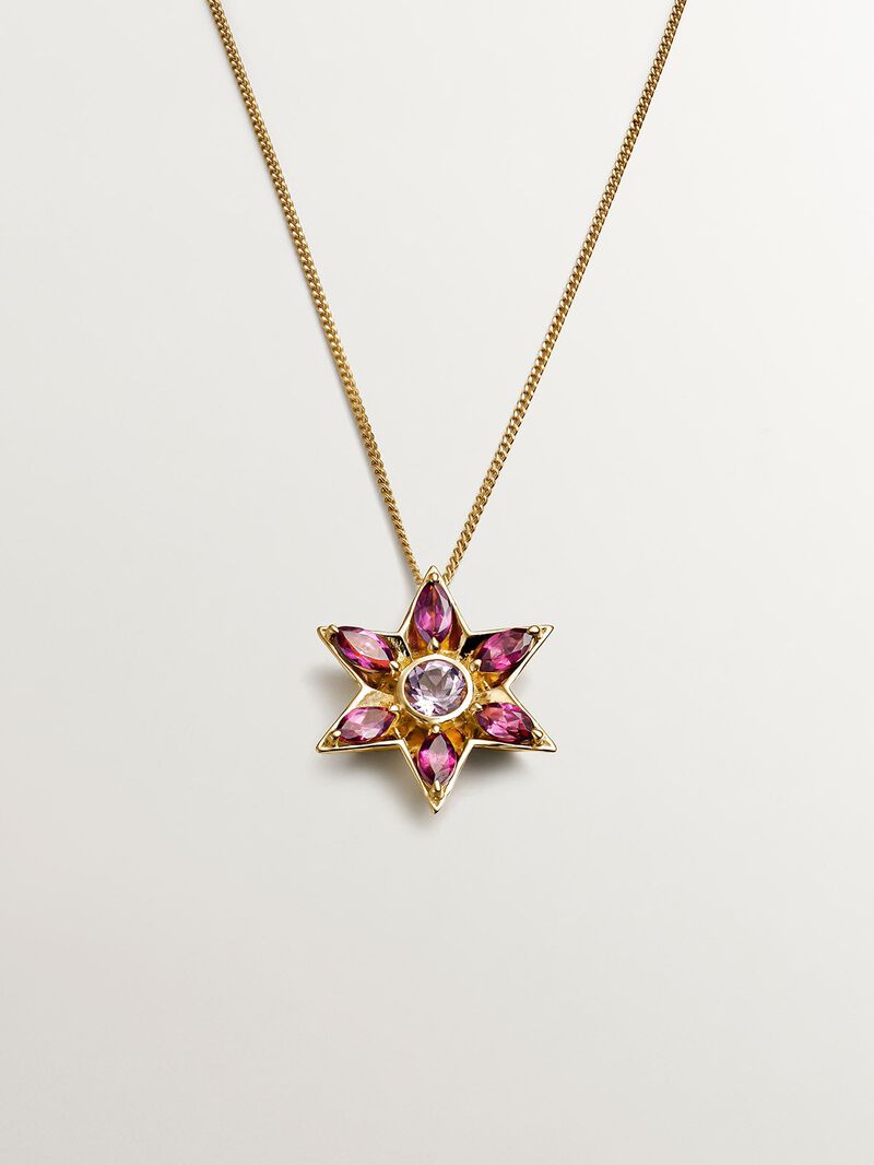 925 Silver pendant bathed in 18K yellow gold with amethysts and rhodolites in the shape of a flower. image number 0