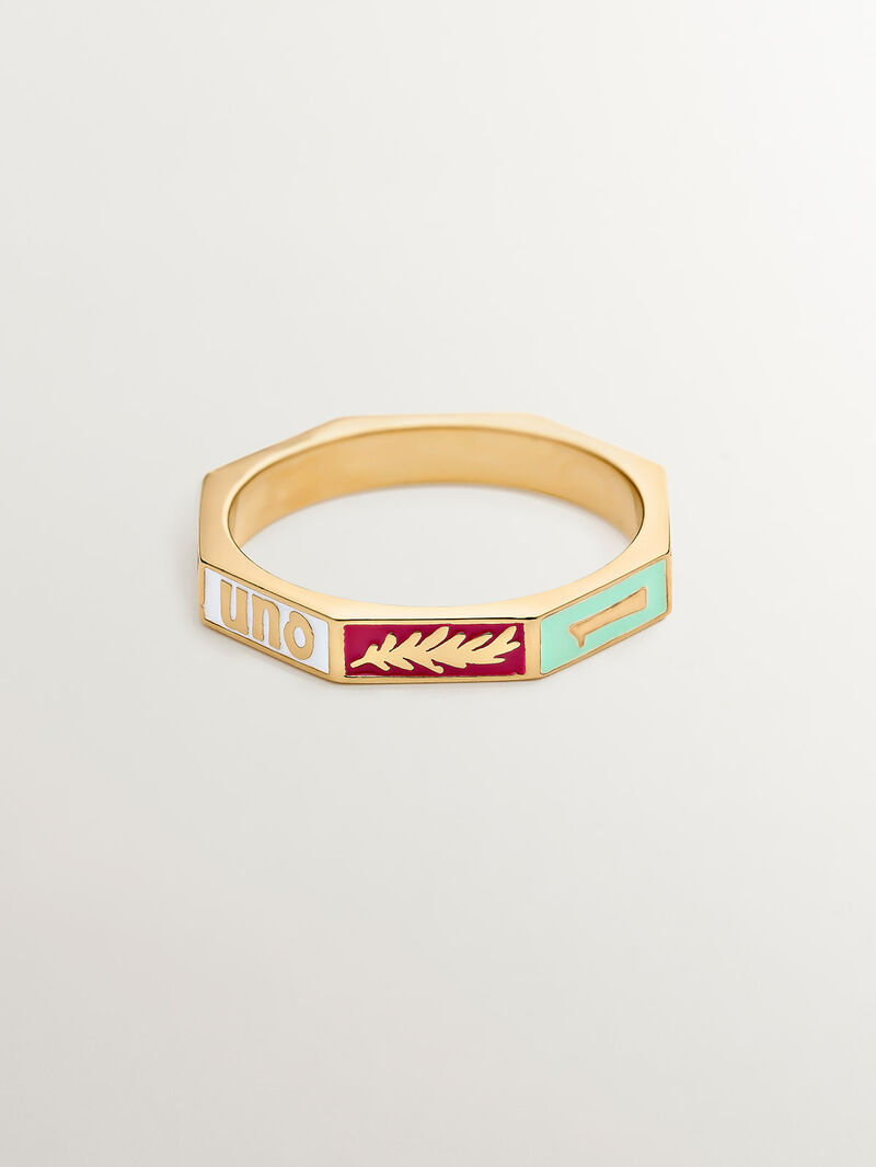 927 Silver ring bathed in 18K yellow gold with multicolor enamel and number 1. image number 2