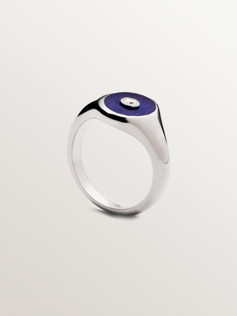 Signet style ring in rhodium-plated 925 silver with blue jade and brilliant-cut white quartz. image number 4