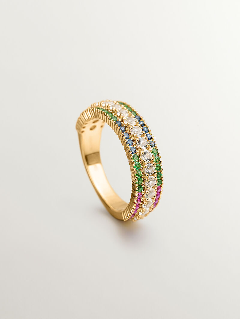 925 Silver ring bathed in 18K yellow gold with tsavorites, topaz, and multicolored sapphires. image number 4