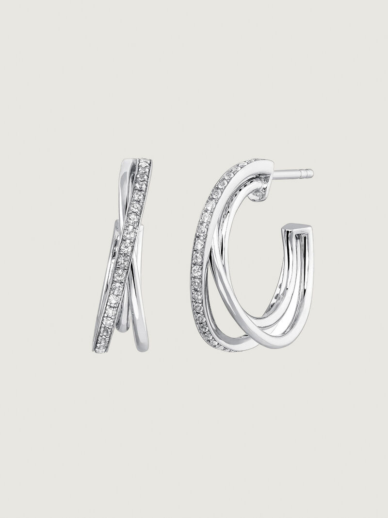 925 Silver triple hoop earrings with white topaz. image number 0