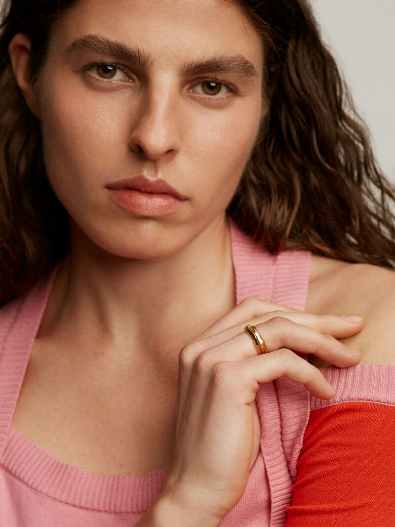 925 Silver ring bathed in 18K yellow gold with a bamboo texture. image number 3