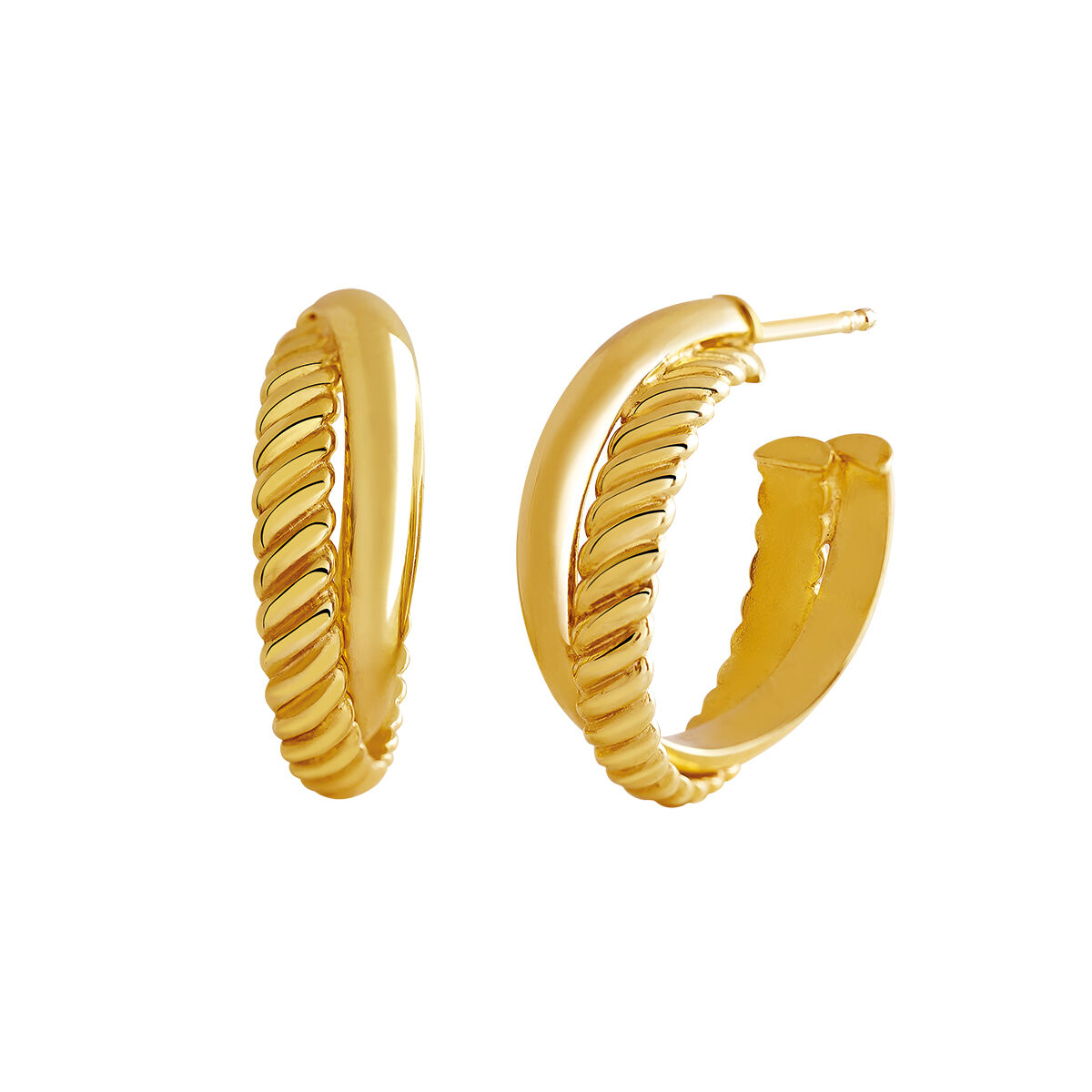 gold plated smooth and cabled hoop earrings , J03095-02, hi-res